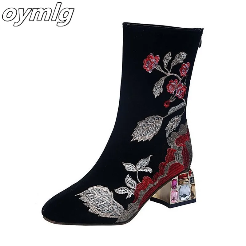 

Autumn Winter Woman Mild-Calf Boots Women Crystal High Heels Boots Female Fashion Embroidery Zip Shoes Women's Plus Size 35-43