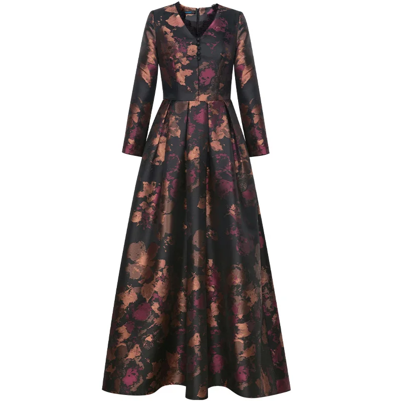 

2020 Spring Autumn Jacquard Luxury Long Dress V Neck Evening Formal Dress Women Party Night Ball Gown Long Dresses DZ1272