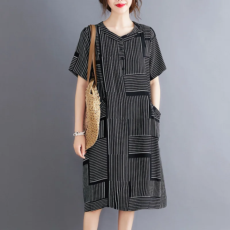

2020 Summer New Striped Dress Plus Size Women'S One Piece Clothing Robe Casual Loose Cotton Short Sleeve Elegant Midi Dresses