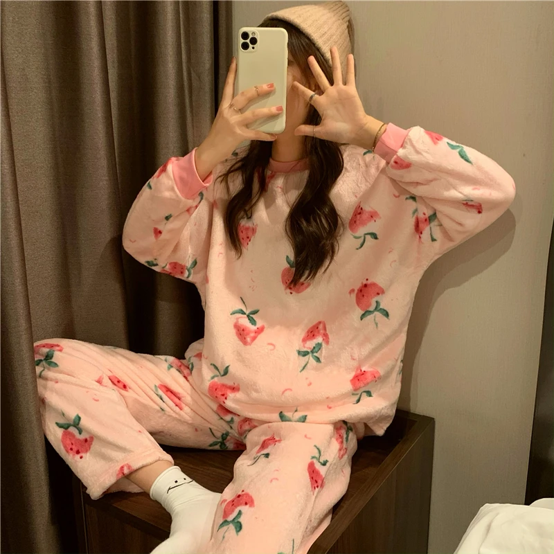 

Warm Winter Pajamas Set for Women 100% Velvet Green Silk Strawberry Flannel Pink Nightwear Atoff Home Satin Soft Plush Sleepwear