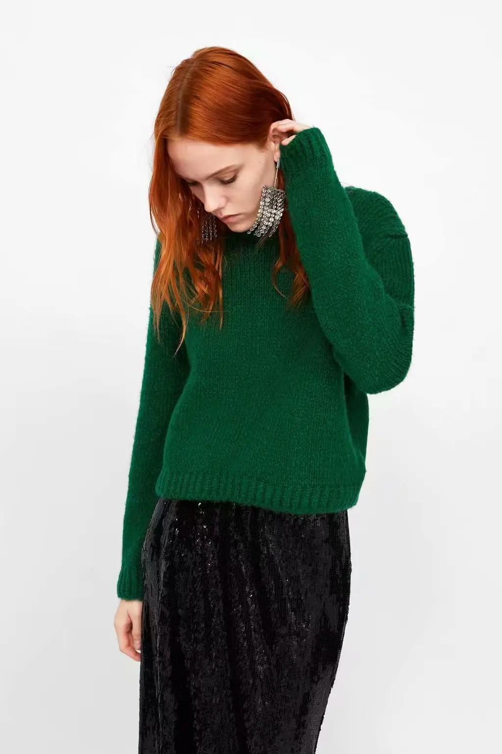 ZA женский свитер осень зима красный зеленый круглый вырез Толстый Пуловер