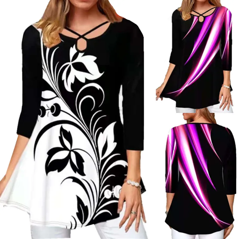 

Elegant Flowers Printing 3/4 Sleeve T-shirt Women's Clothing Autumn Vintage Harajuku Y2K Top Slim Oversized Tee Shirt Female