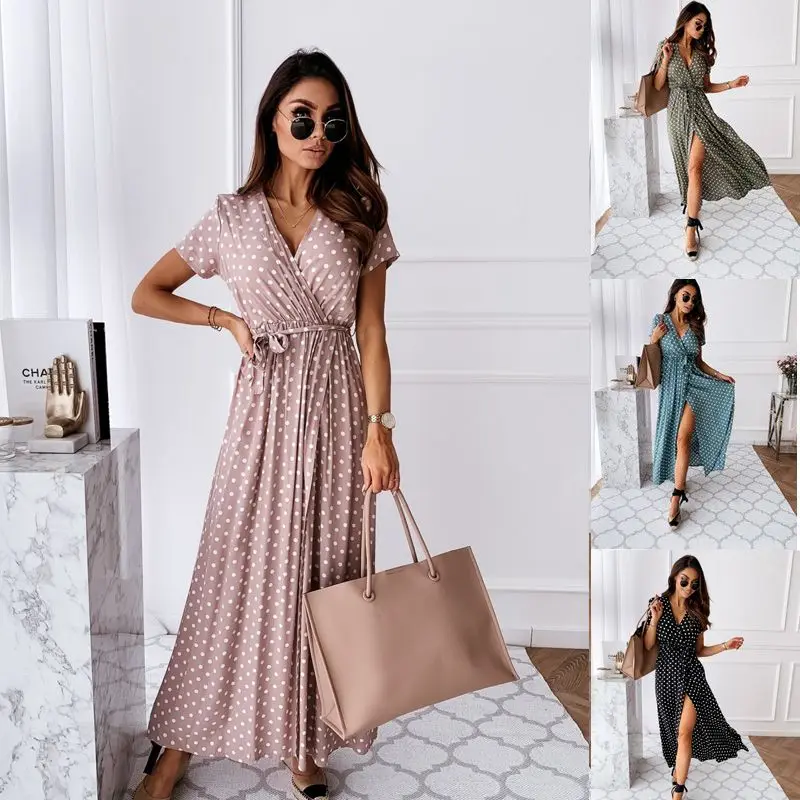

Women Sexy Summer Elegant Long Dresses V-Neck Party Temperament Split Dress Casual Boho Vintage Polka Dot Print Beach Maxi Dress