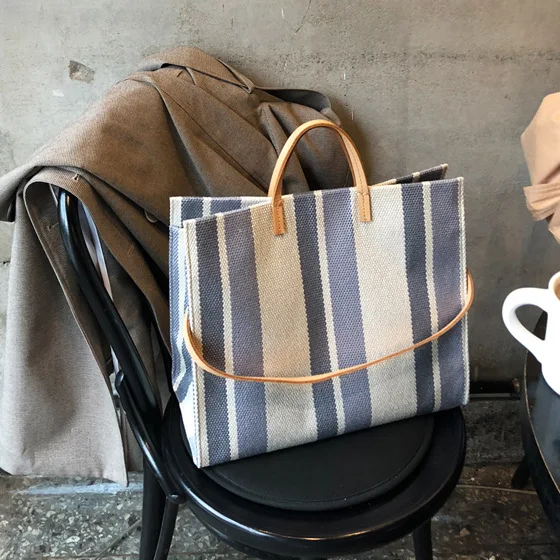 

Canva And Leather Splice Tote Bags For Women 2020 New Large Women's Bag Color Striped Women Shoulder Bag High Capacity Shopper