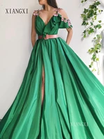 sexy v neck green prom dresses 2020 a line taffeta front slit flowers straps prom gown long evening dress vestido de festa longo