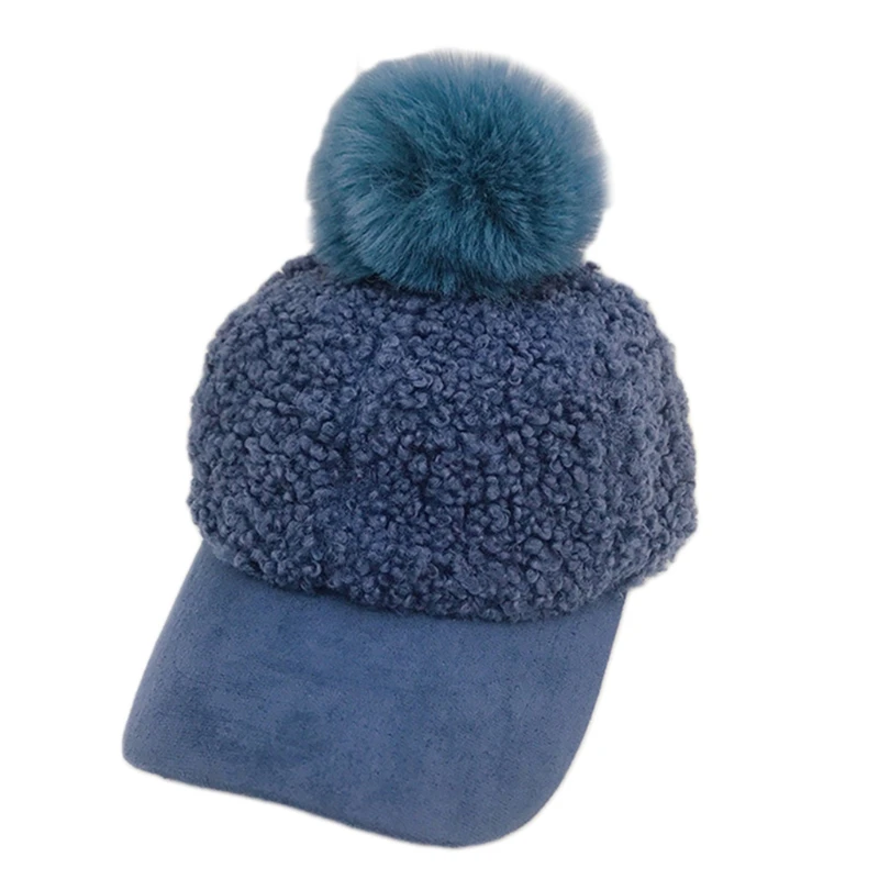 Women Winter Faux Fleece Baseball Peak Cap Fuzzy Warm Cute Pompom Visor Brim Hat 6XDA