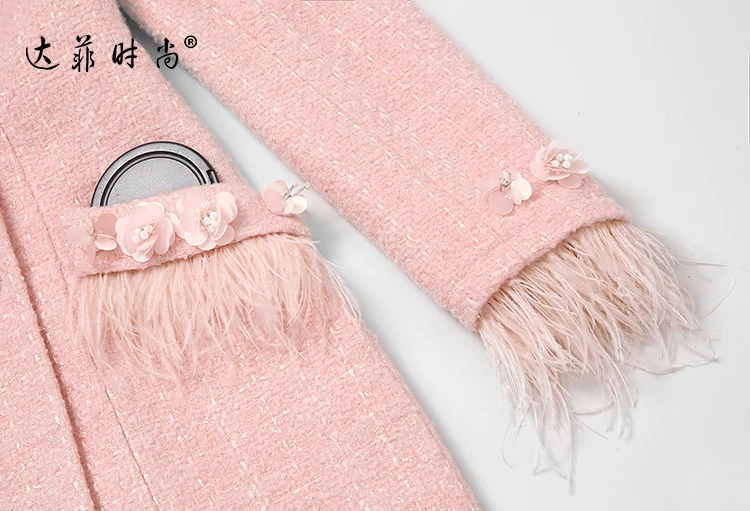 Elegant Feathers Double-breasted Winter Coat Women Runway Designer Thick Warm Pink Wool Coat Jacket High Quality Outwear