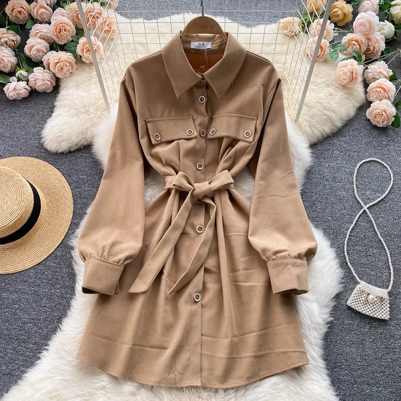 

French Retro Long-sleeved Lapel Shirt Vestidos Women's Autumn 2021 New Temperament Waist Slimming Mini Dress KK1135