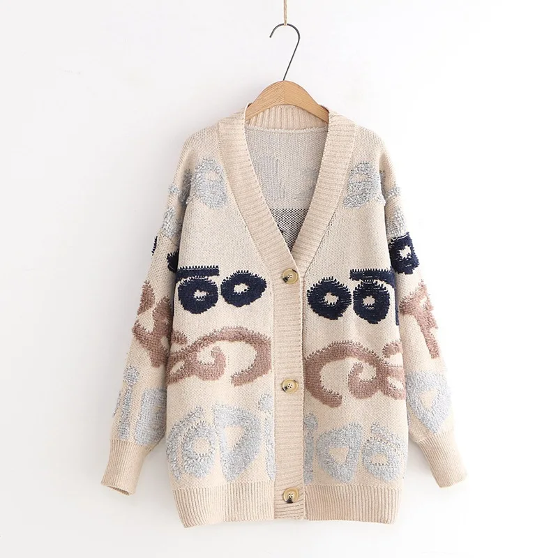 

College Style Long-sleeved Knitted Cardigan Sweater Women Loose Letter Single-breasted Embroidered Thick Sweater Female Autumn