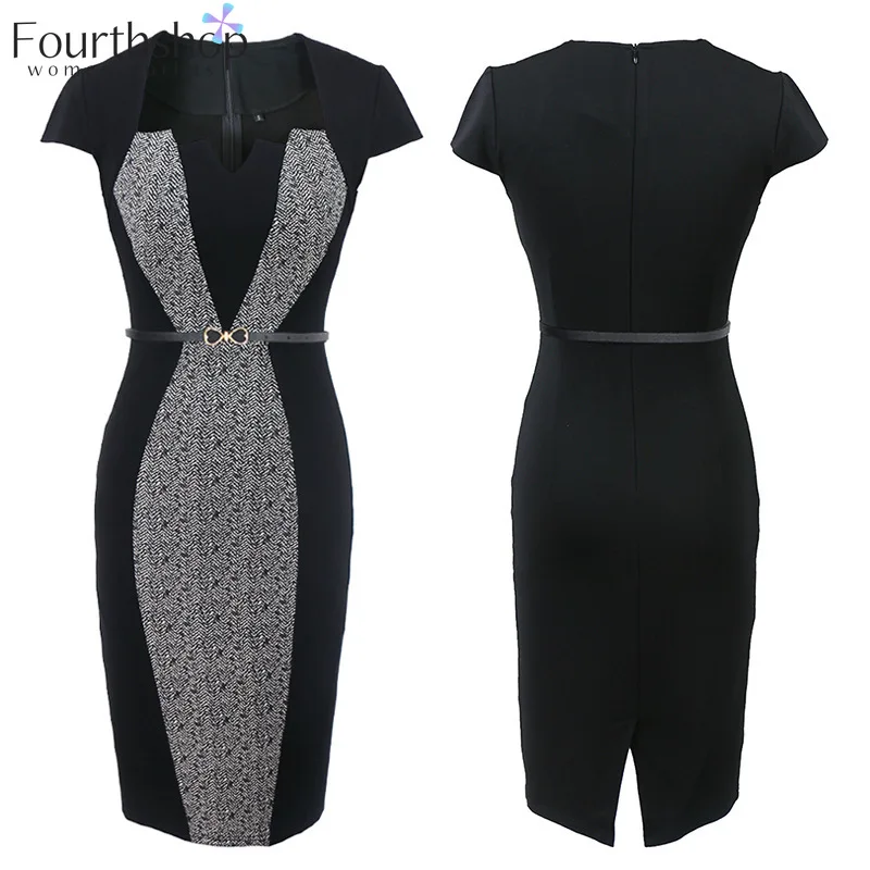 Слитный женский костюм с контрастным платьем в стиле пэчворк для работы деловой