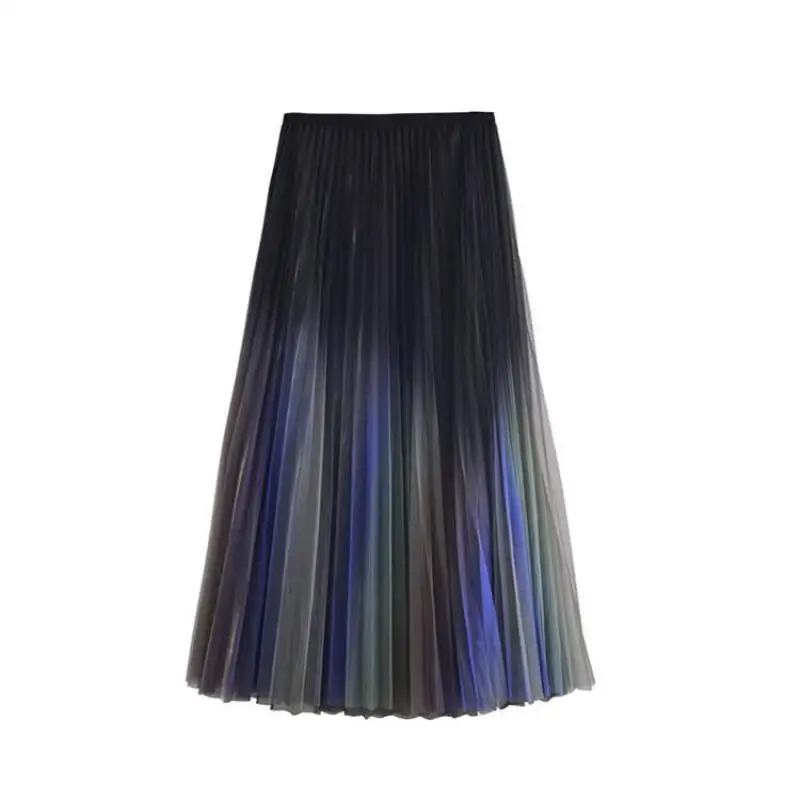 

2021 Autumn New Women High Waist Casual Elastic Waist Rainbow A-line Mesh Pleated Skirt All-match Women Long Skirt Free Shipping