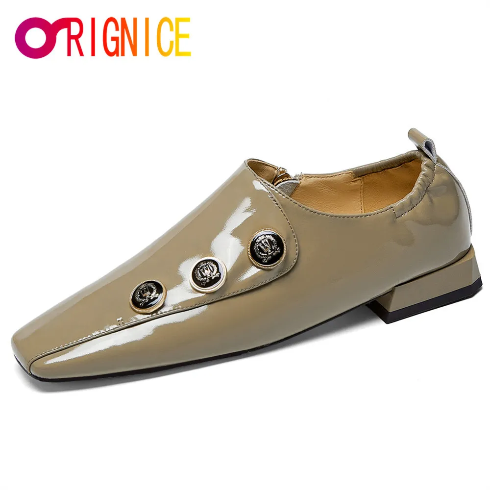 

Orignice Hot Sale Patent Real Leather Zipper Block Heel Pumps Women Fashion Square Toe Metal Decoration Party Dress Wild Shoes