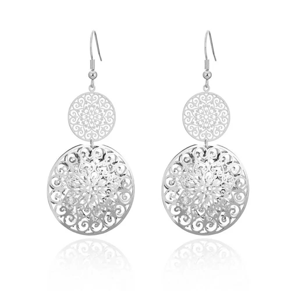 

Hollow Flower Circle Drop Earrings Loose Crystal Gold Silver Color Earrings Round Classic Pattern Long Dangle arete 2020 Jewelry