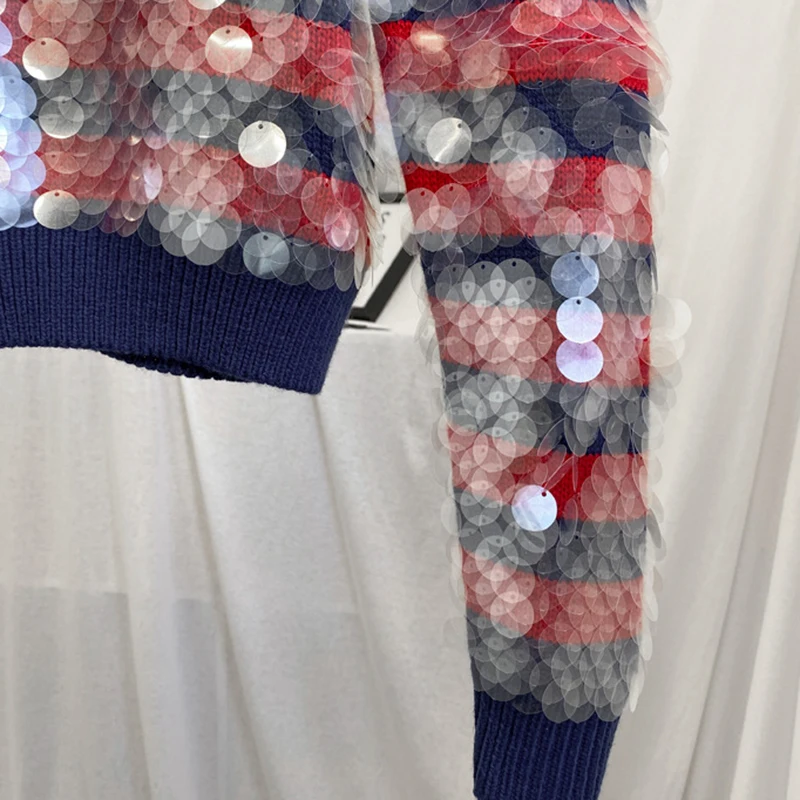

CHICEVER Casual Patchwork Sequin Knitted Pullovers For Women O Neck Long Sleeve Striped Hit Color Sweater Female Fashion New