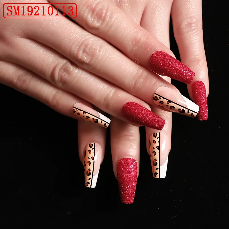 

24Pcs/Set Detachable Long Coffin Fake Nails French Leopard Grain Full Nail Art Nail Salon Dupplies And Toolses And Tools Women