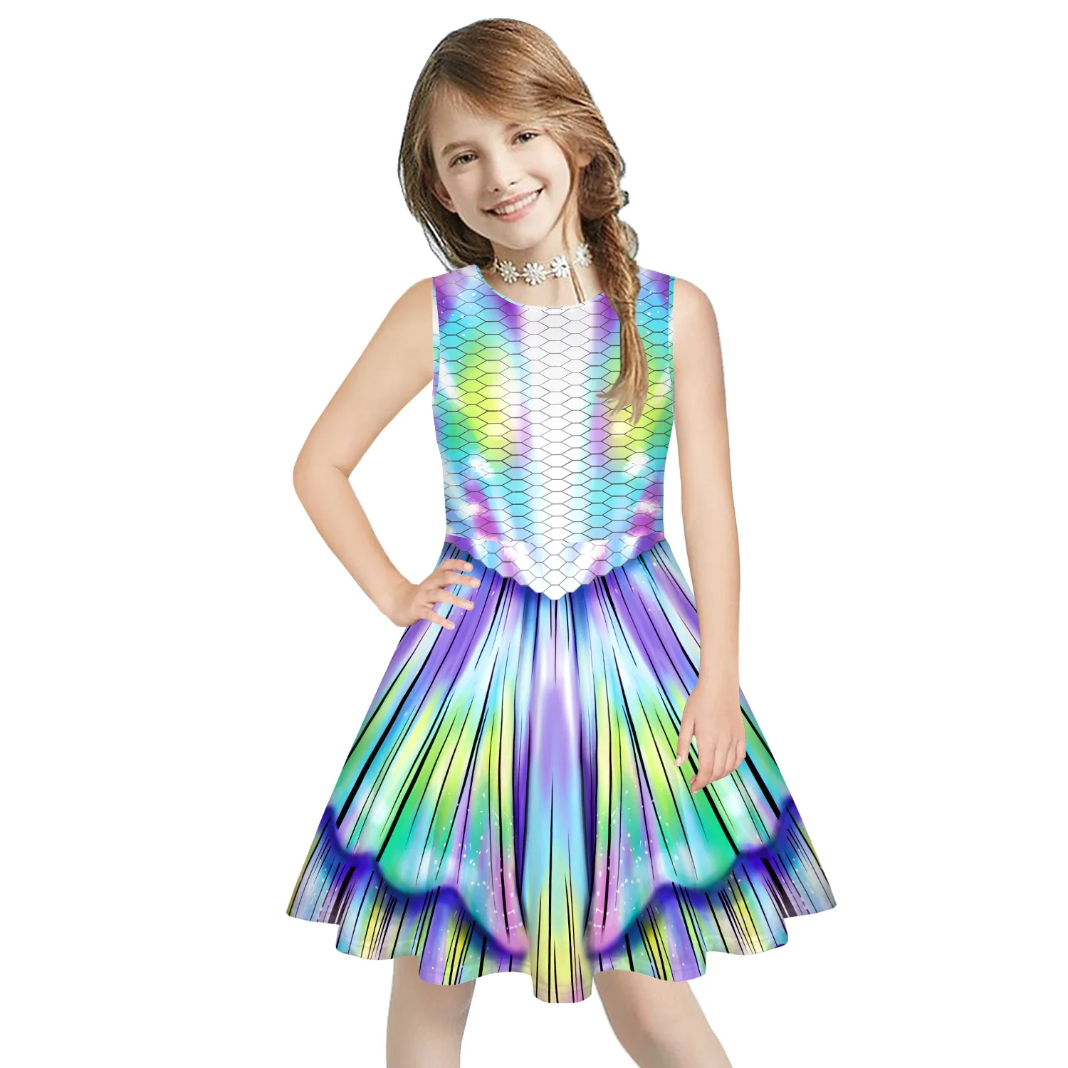 

Girl's O-neck Sleeveless Colorful Fish Beauty Design Dreaming Pleated Knee Length Summer Dresses Princess Cool Dresses