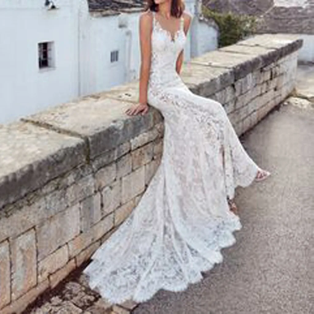Женское кружевное платье с открытой спиной длинное пляжное V образным вырезом для свадьбы и вечеринки