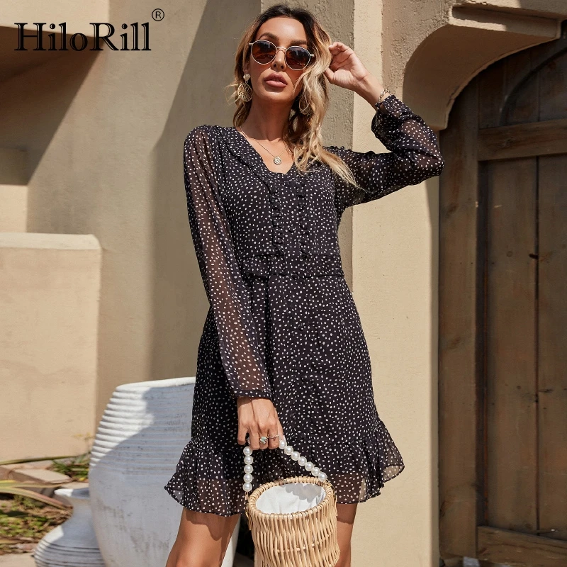 

HiloRill Summer Dot Print Mini Dress V Neck Ruffles Chiffon Dress See Throgh Sleeve Lady Casual Black Dresses Robe Femme S-XL