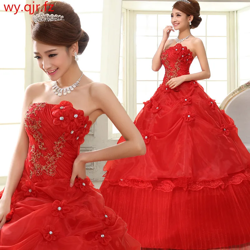 

LYG-H12#Real photos new spring white red flower paillette lace up wedding dress Embroidered Lace on Net dresses wholesale Custom