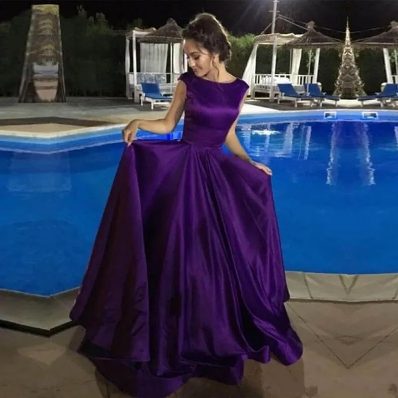 

Simple Purple Prom Dresses Long A Line Scoop Neck Satin Backless Elegant Evening Gowns Women Party Dress Cheap
