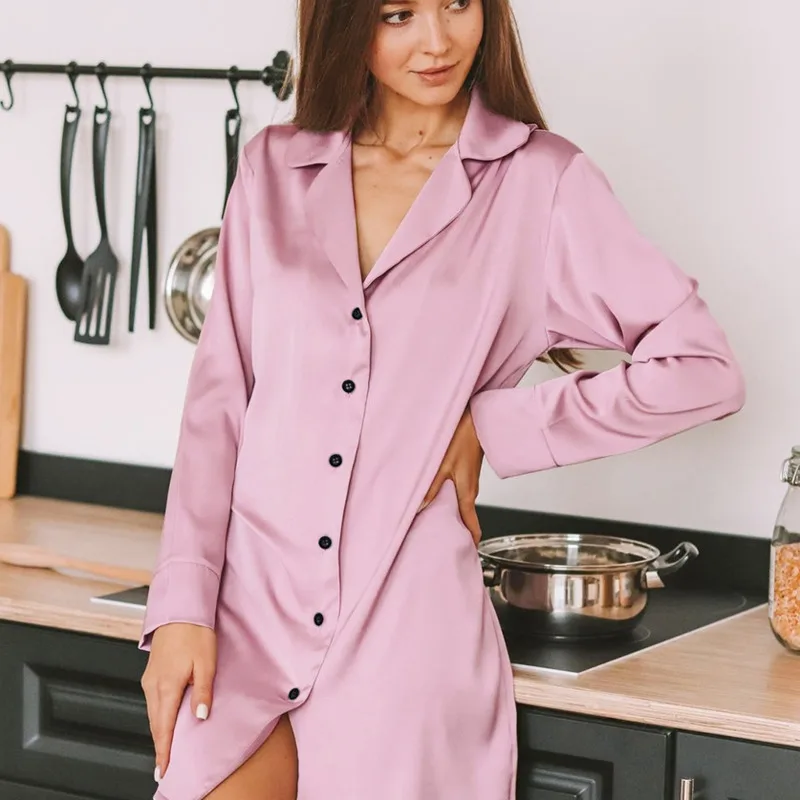 

Long Sleeve Sexy Sleep Tops Silk Robes Women Satin Bathrobe Sleepwear Thin Pink Casual Sleepwear Turndown Collar Satin Pajamas