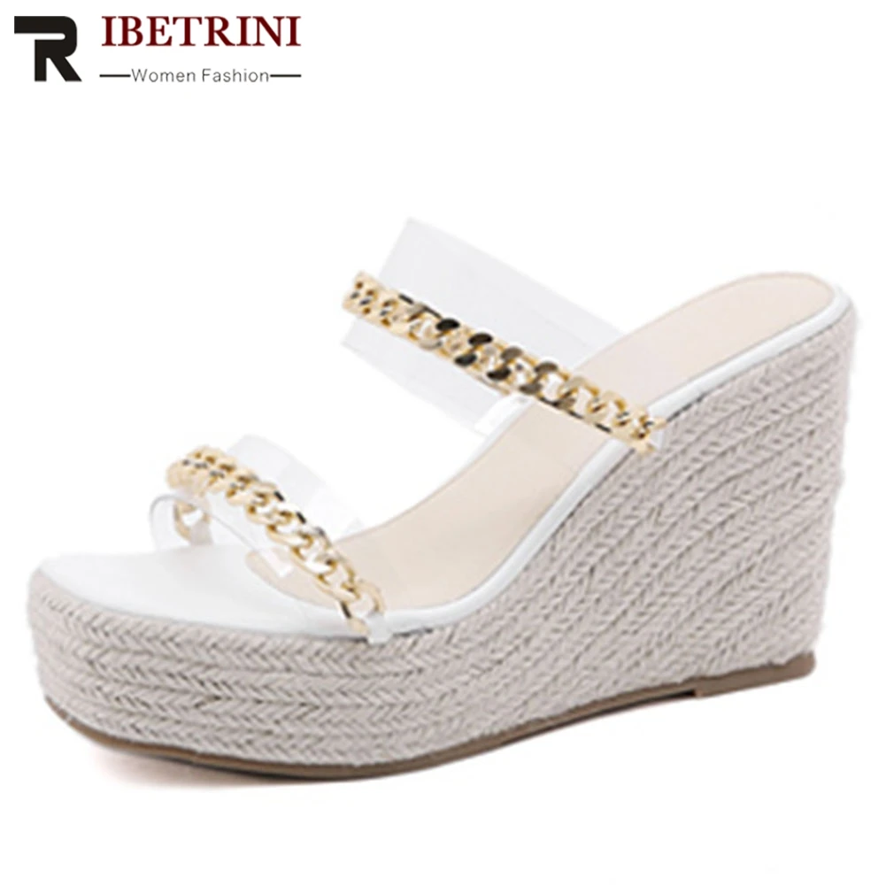 

Open Toe Matal Chain Design Clear Patform Wedges Shoes Woman Summer New Arrival Fashion Outside Mule Slip On Sandals For Women