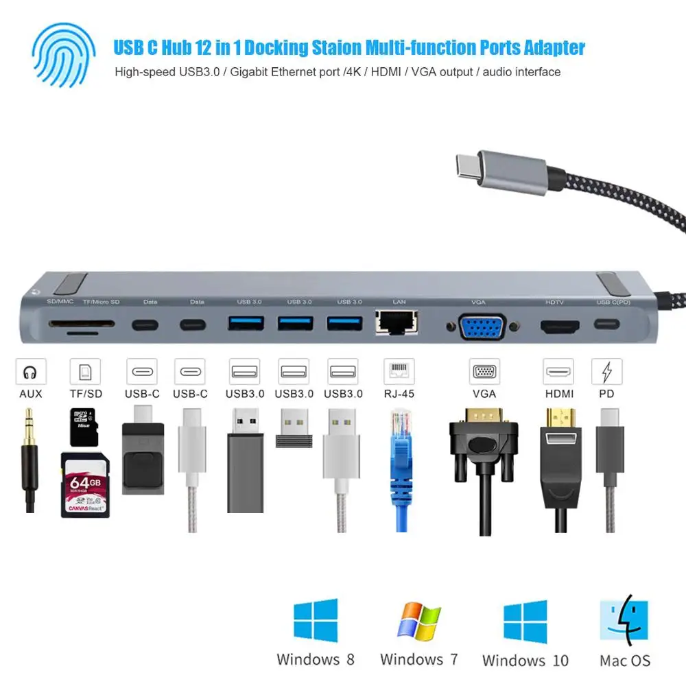 Usb концентратор 12 в 1 type C с зарядкой PD3.0 USB c к ethernet 1000 м 4K hdmi VGA 3 USB3.0 2 типа порт