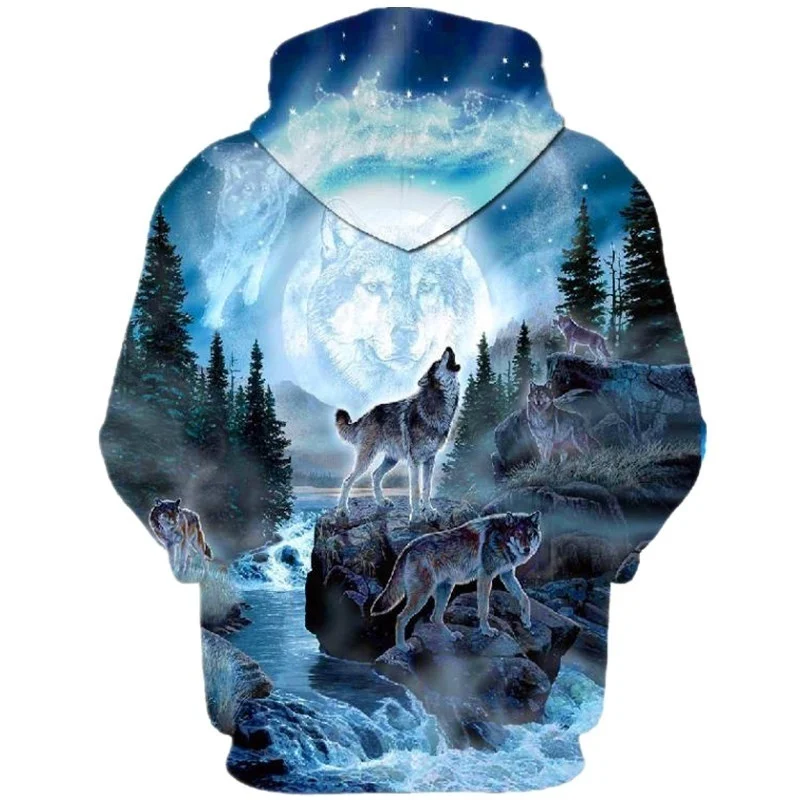 

Autumn Fashion Men's 3D Wolf Print Hooded Sweatshirt Long Sleeve Loose Leisure Drawstring Pullovers Tops