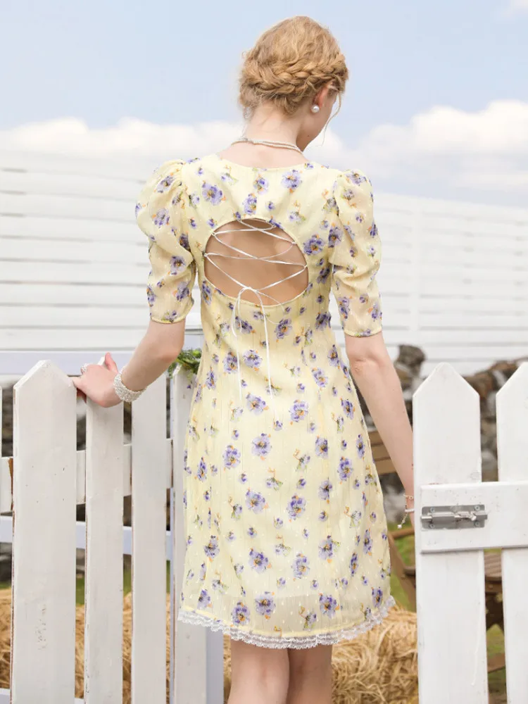 

Summer Sweet and Cool Style Princess Dress Tube Top Puff Sleeve Empty Flower Tea Break French Chiffon A-line Skirt