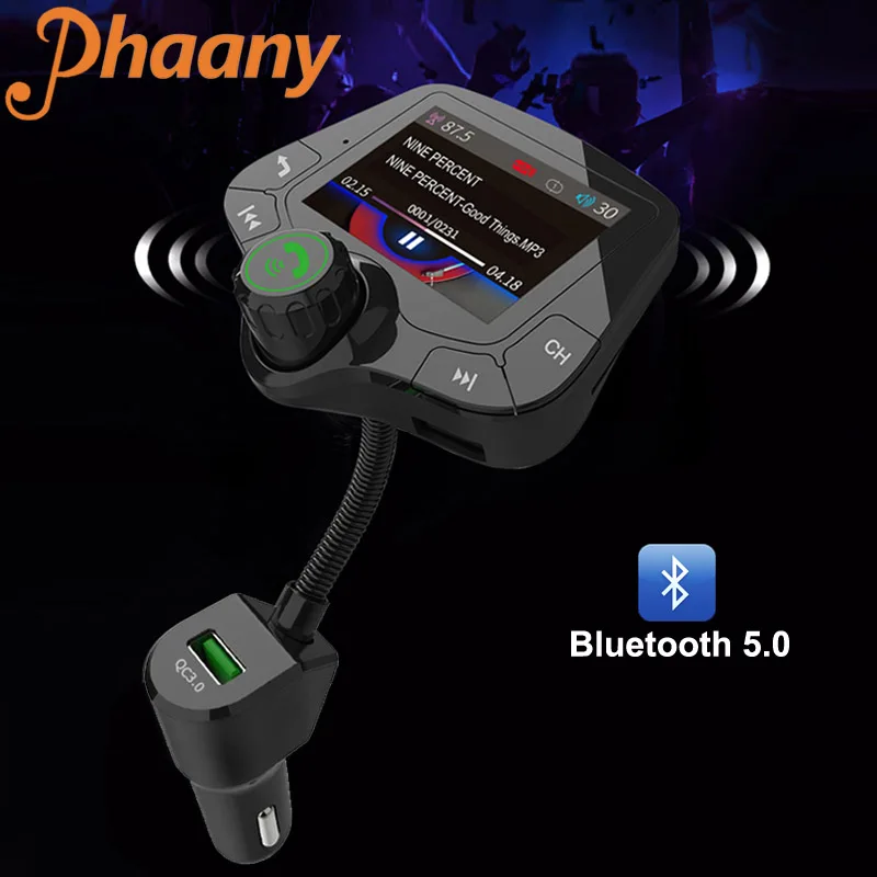 

Phaany FM Transmitter Bluetooth 5.0 Handsfree Car Kit AUX Audio Receiver Quick Charge 3.0 USB Charger 2.0 Inch Large Screen