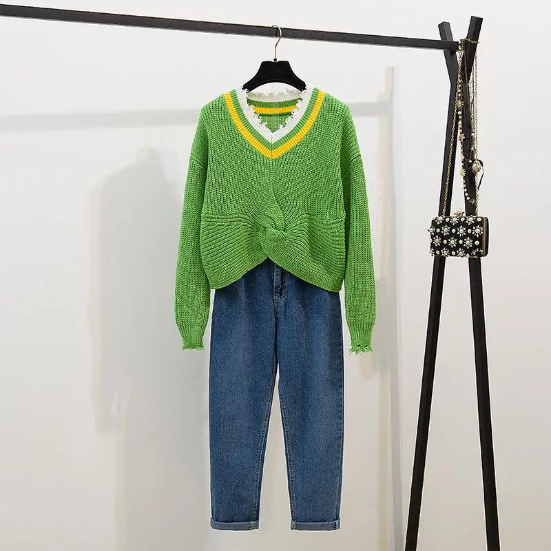 

ICHOIX casual tops and pants set 2 pcs winter outfits Korean style women 2 piece set knitted sweater set women denim harem pants