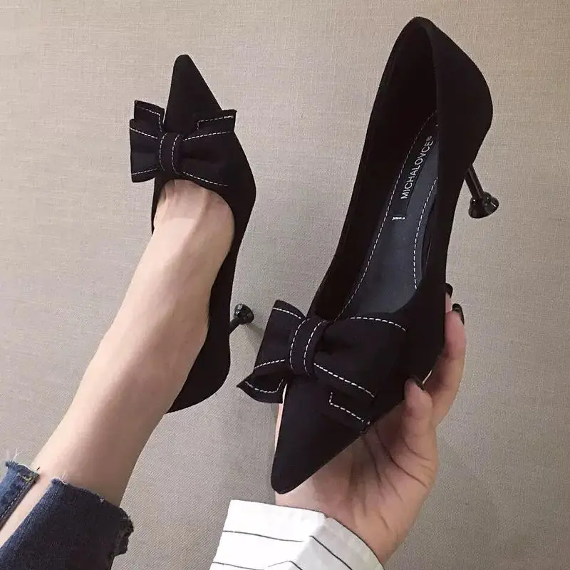 

women fashion black bow tie high quality slip on party stiletto ladies casual beige high heel shoes for office