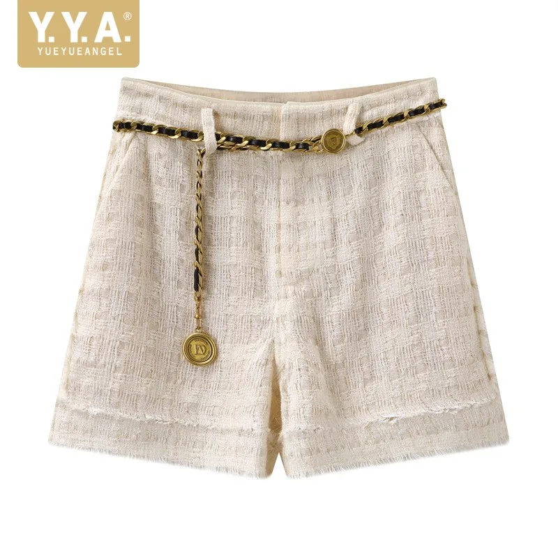 

Женские твидовые шорты с поясом-цепочкой, прямые повседневные шорты с высокой талией, Новинка лета 2021, мини-брюки, женские шорты с широкими ш...