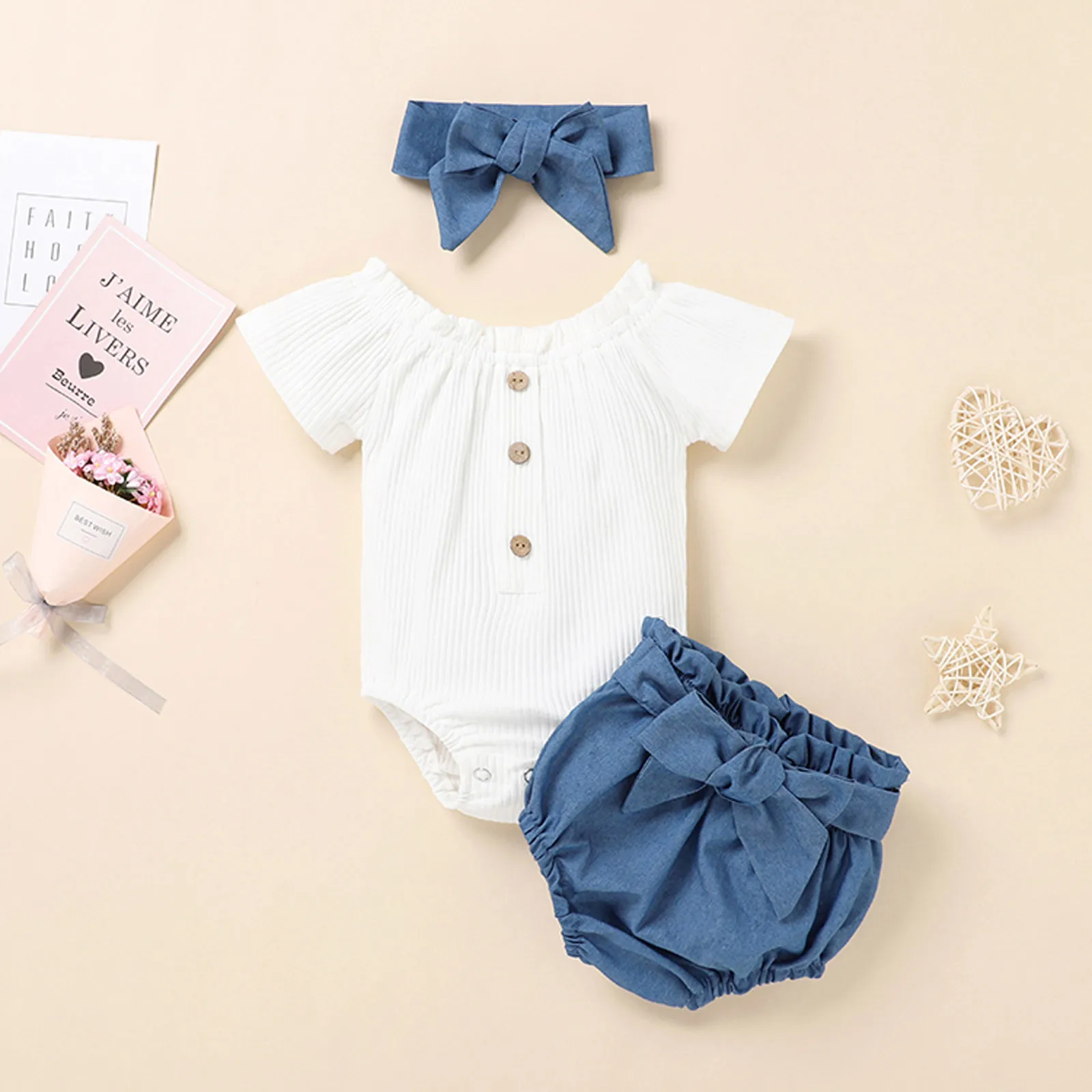 

Newborn Baby Girl Clothes Set Newborn Infant Baby Girls Solid Ribbed Romper Shorts Hairband Outfits Set Summer Kids Suit