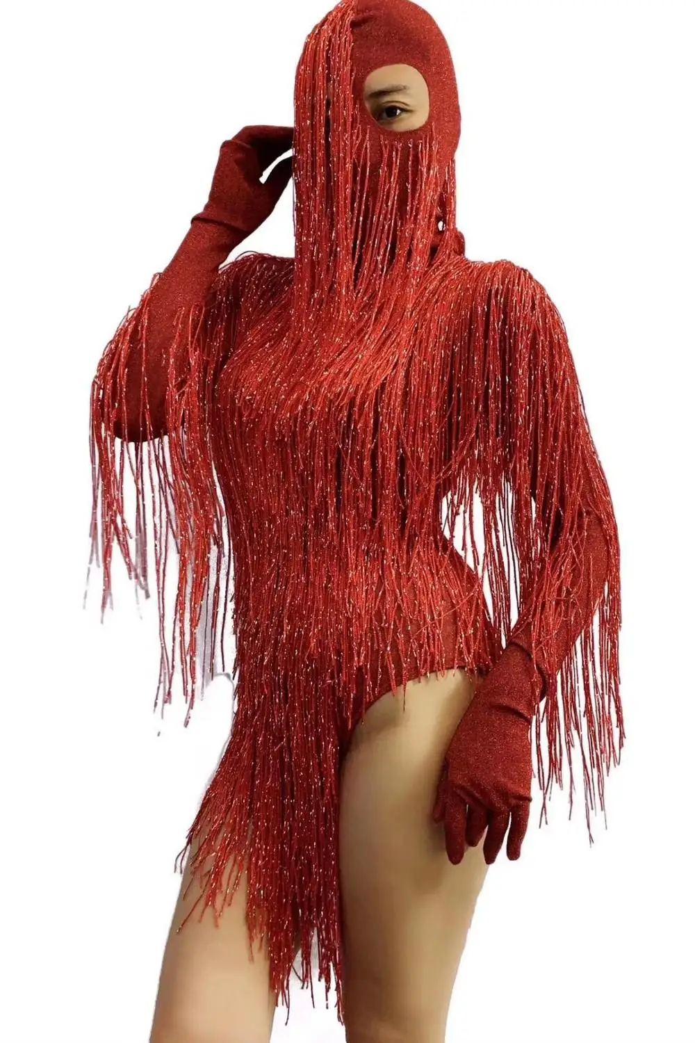 Masked Headdress Long Tassel Bodysuit Women Sexy Stretch Fringes Stage Leotard Halloween Cosplay Costumes Performance Outfits