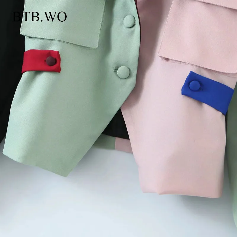 

BTB.WO Vintage Women 2020 Fashion Patchwork Single Breasted Blazer Female Long Sleeve Lady Short Tops Outerwear