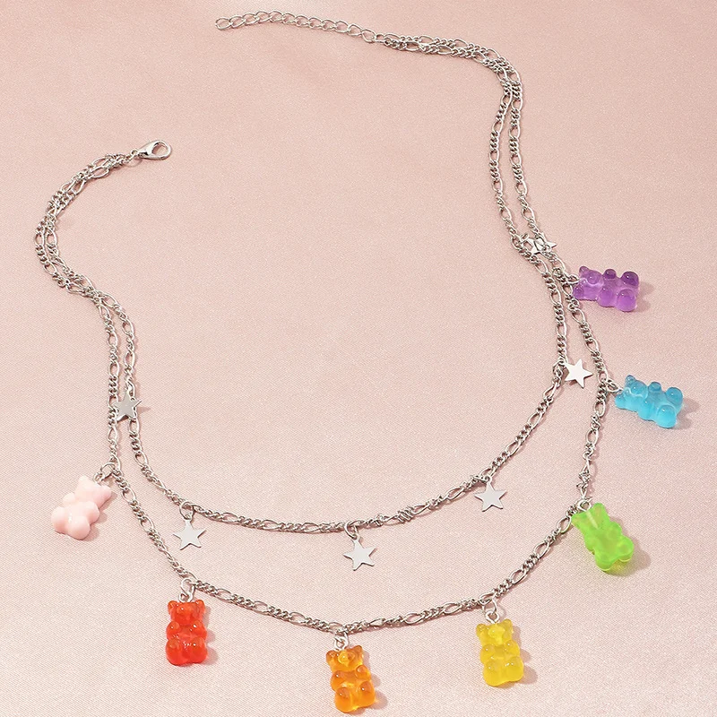 

New Handmade Cute Gummy Cartoon Bear Chain Layer Necklace Candy Color Pendant Ladies Ladies Daily Jewelry Party Gift Choker