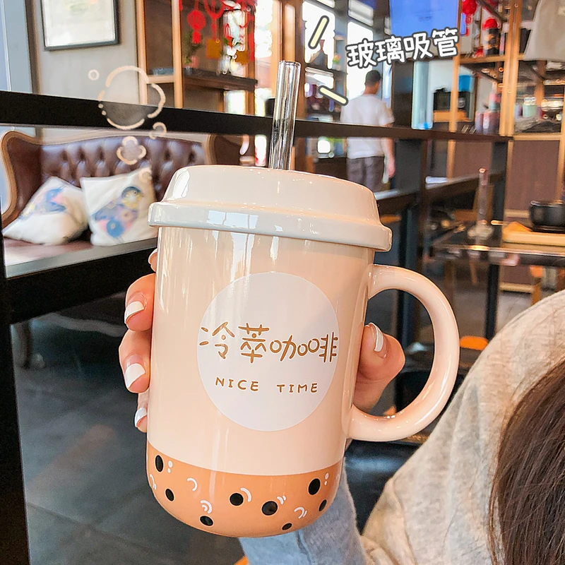 

Kawaii Boba Mug Creative Cartoon Ceramic Straw Cup With Lid Cute Student Personality Coffee Mugs Office Milk Tea Breakfast Cups