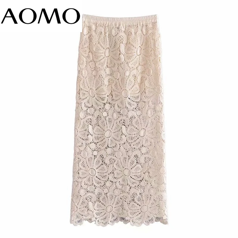 

AOMO Women Tassel Cotton Lace Emboridery Midi Skirt Faldas Mujer Vintage Ladies Strethy Waist Chic Mid Calf Skirts 3H524A