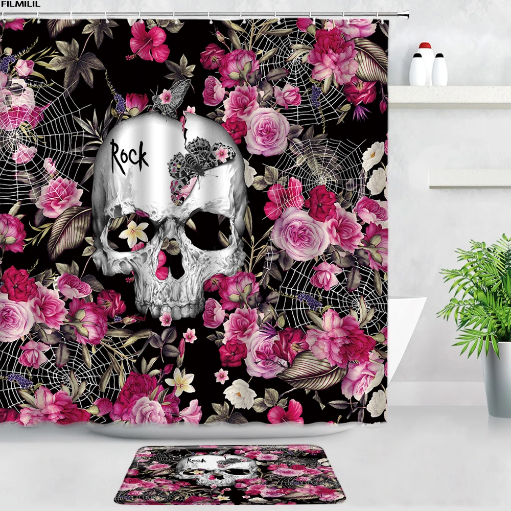 

Skeleton Shower Curtains Bath Mats Set White Flower Skull Horror Creative Black Backdrop Decor Door Pad Bathroom Non-slip Carpet