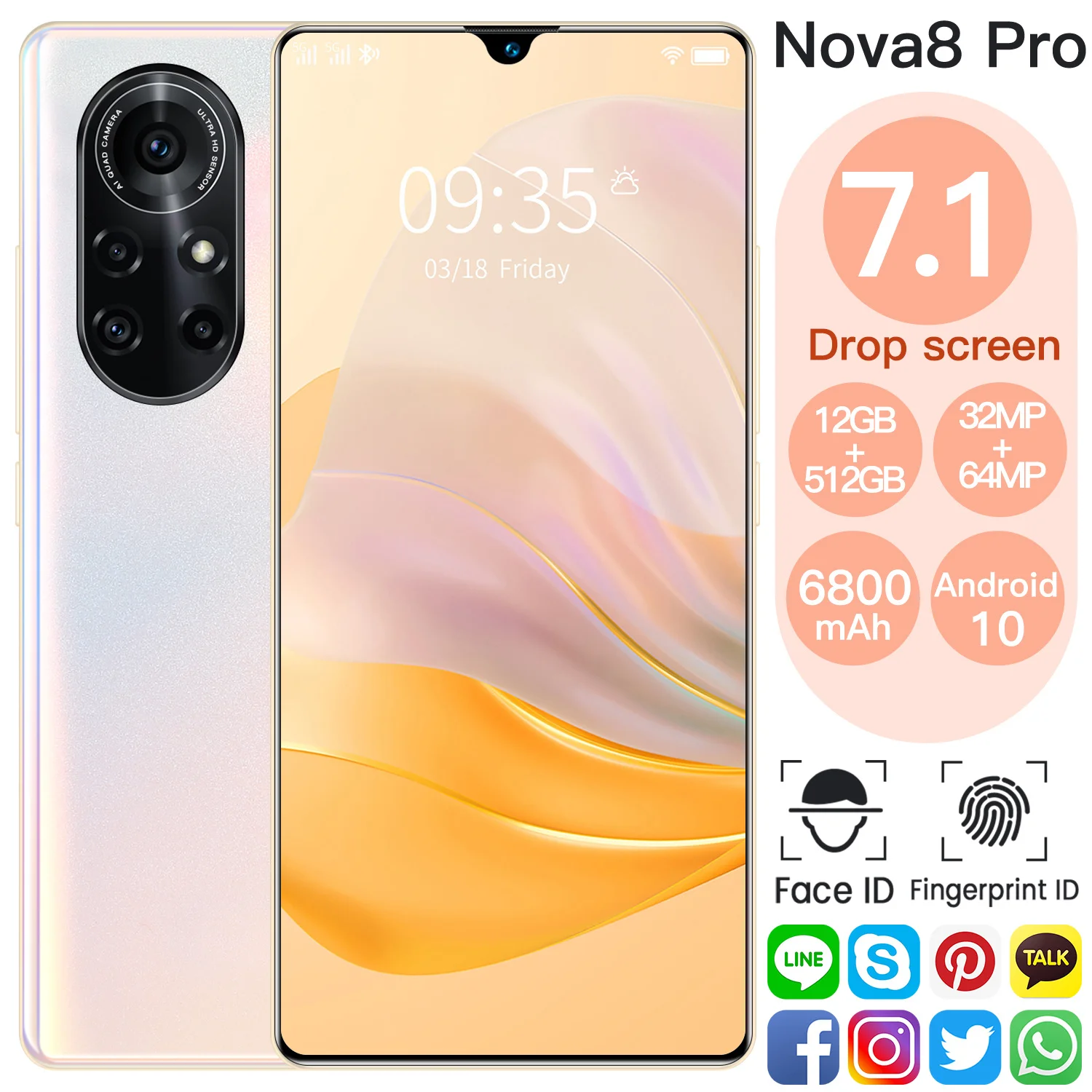 

Nova8 Pro 7.1inch Smartphone 12GB+512GB 6800mAh Full Screen Large Memory Face and Screen Fingerprint ID Mobilephone Cellphone