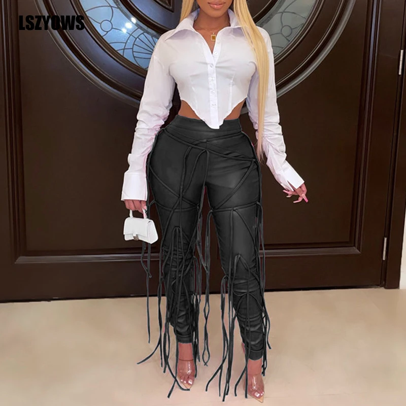 

Ribbon Criss Cross Faux PU Leather Pants Women Solid Black High Waist Skinny Pencil Pant Fashion Sexy Trousers Streetwear Spring