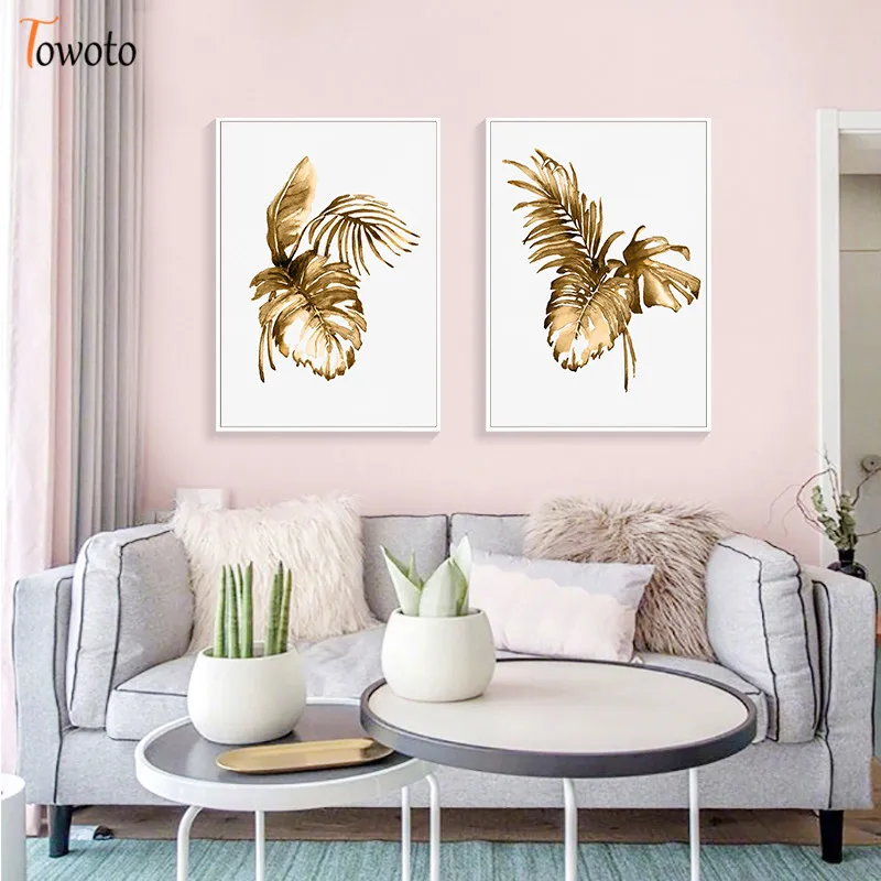 Абстрактная Картина на холсте с изображением растений скандинавский Золотой