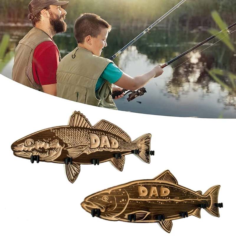 

T8NA Wall Mounting Wood Fishing Rod Holder 6 Rods 14.96x6.30in Salmon-shaped/Red Fish-shaped for Home Garage Boat