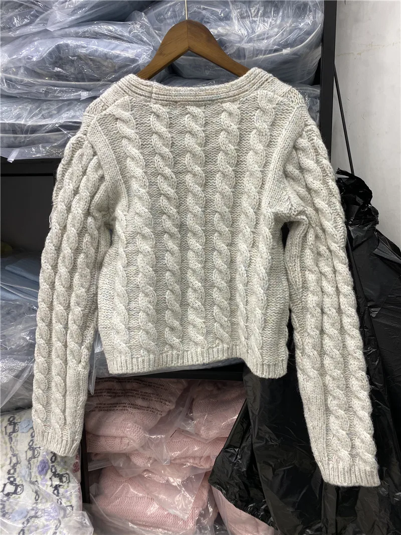 

TMODA993 Women New Autumn Winter Knitted Butto Decorati Loose Knit Sweater Coat Retro Solid Color Square Neck Knitted Cardigan