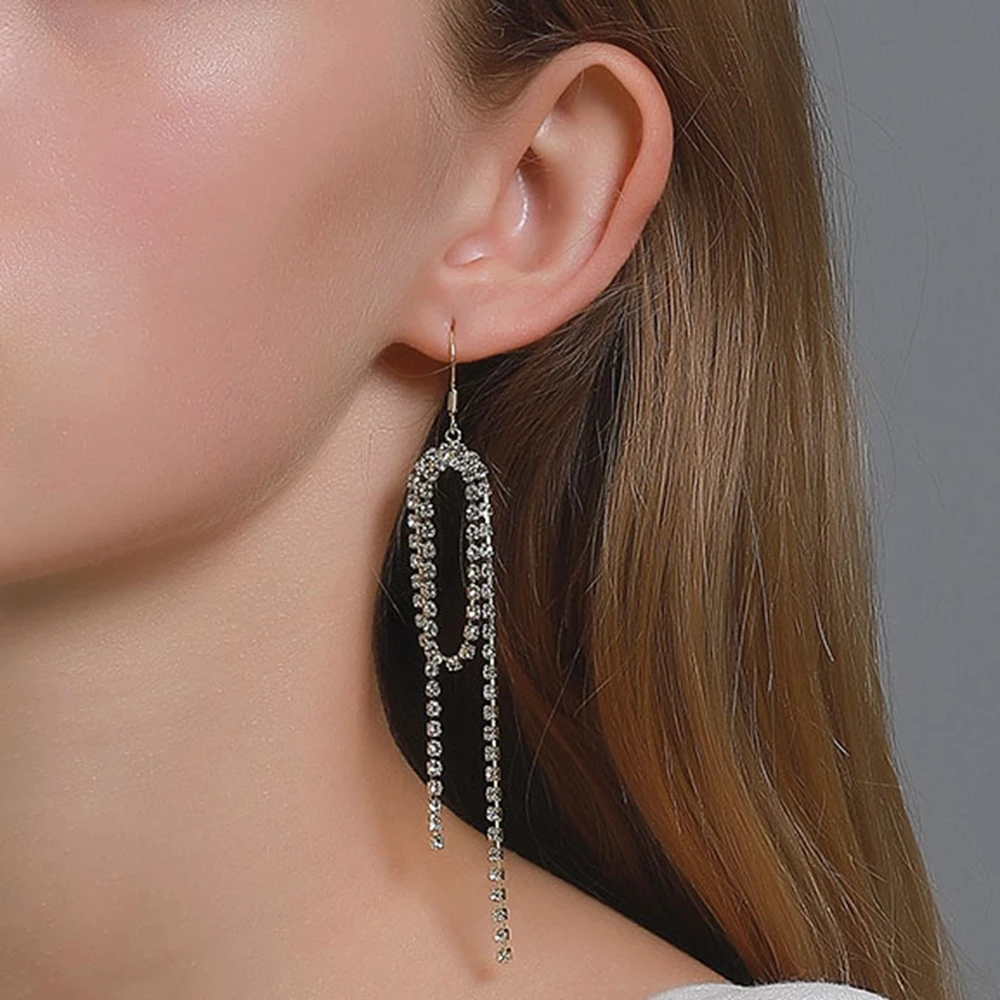 

Long Tassel Earrings Female Cold Wind Simple Earring Hook Exquisite Rhinestone Chain Geometric Eardrop Jewelry Women