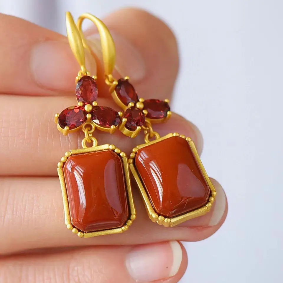 

Natural South Red Agate Earrings Women's S925 Sterling Silver Simple Fashion Red Temperamental Earrings Internet Celebrity Earri