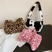 2021 winter cow print underarm bags for women soft plush pink leopard small shoulder bags female warm fluffy tote bags bolsas