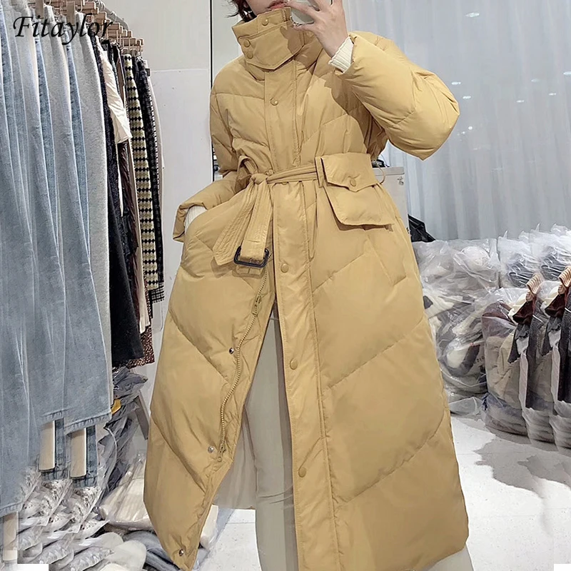 

Fitaylor Winter Stand Collar Long Puffer Jacket Women 90% White Duck Down Coat Casual Loose Thick Parkas Belt Warm Snow Outwear