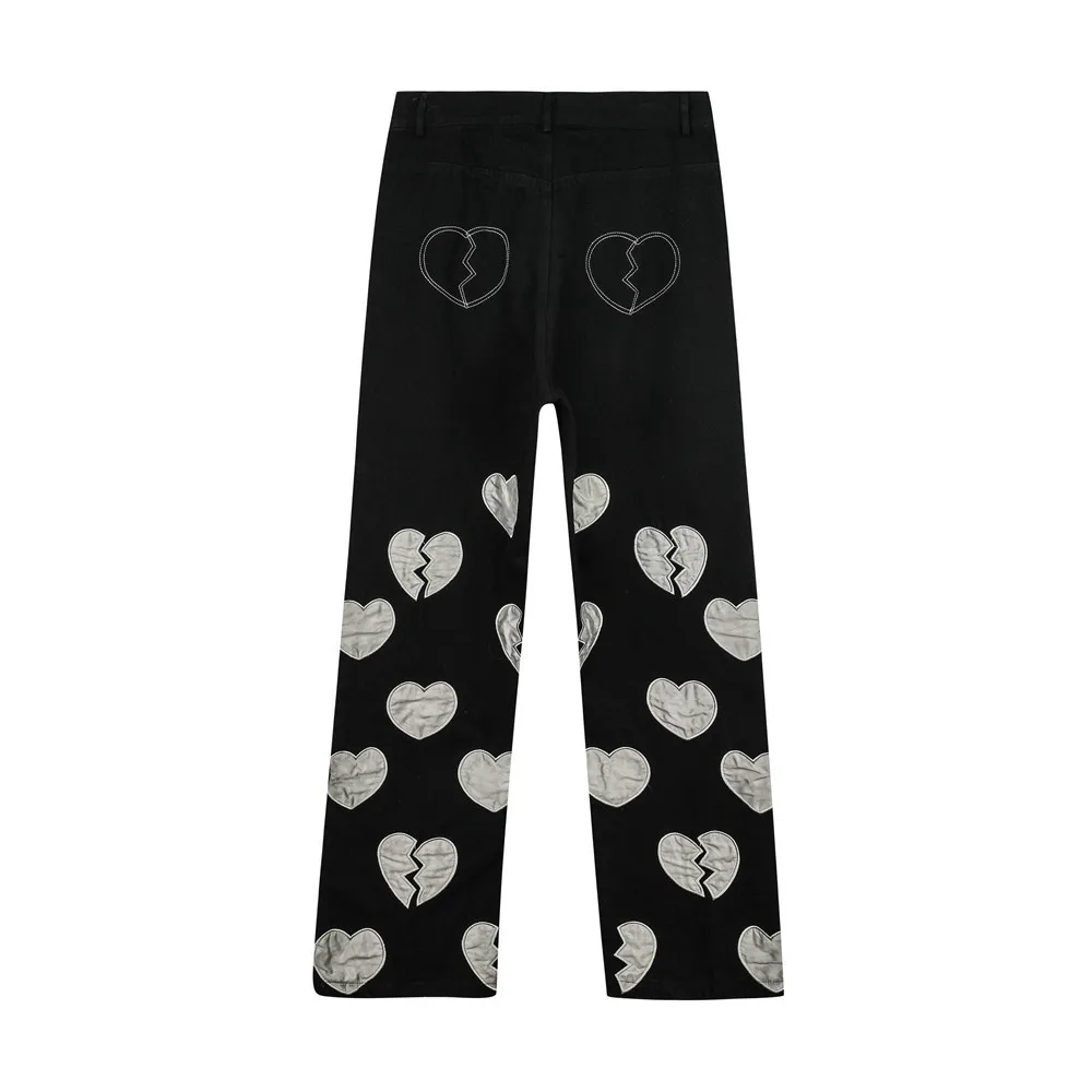 2021 Dark Streetwear Heart Patch Embroidery Cotton Men Straight Jeans Trousers Hip Hop Black Denim Pants Elegant Vetement Homme